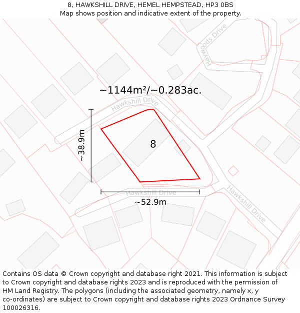 8, HAWKSHILL DRIVE, HEMEL HEMPSTEAD, HP3 0BS: Plot and title map