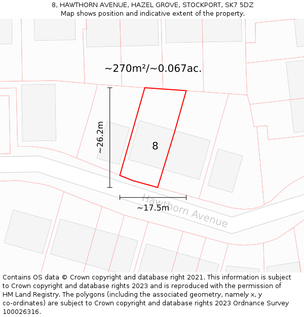 8, HAWTHORN AVENUE, HAZEL GROVE, STOCKPORT, SK7 5DZ: Plot and title map