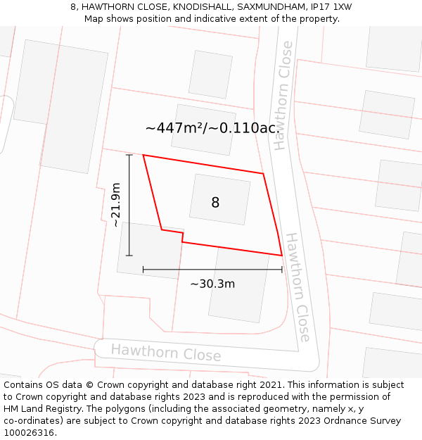 8, HAWTHORN CLOSE, KNODISHALL, SAXMUNDHAM, IP17 1XW: Plot and title map