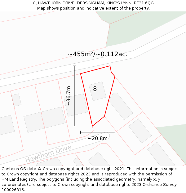 8, HAWTHORN DRIVE, DERSINGHAM, KING'S LYNN, PE31 6QG: Plot and title map