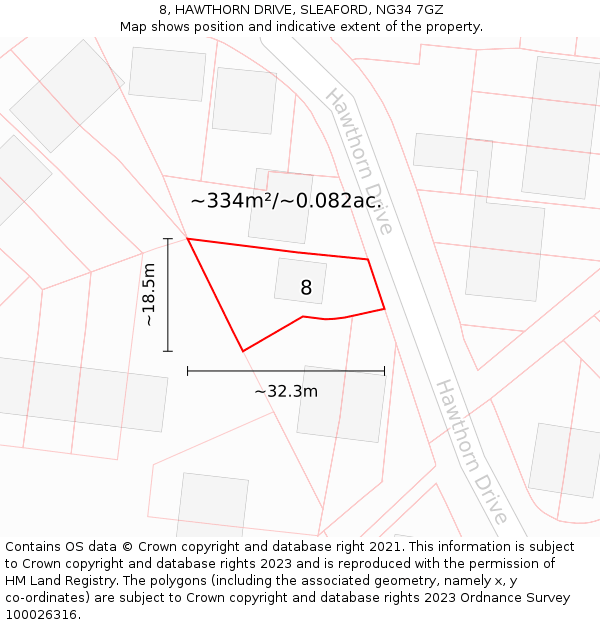 8, HAWTHORN DRIVE, SLEAFORD, NG34 7GZ: Plot and title map