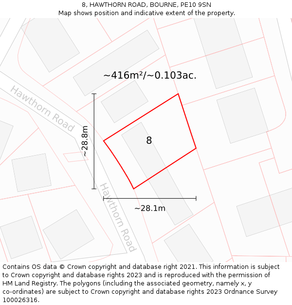 8, HAWTHORN ROAD, BOURNE, PE10 9SN: Plot and title map