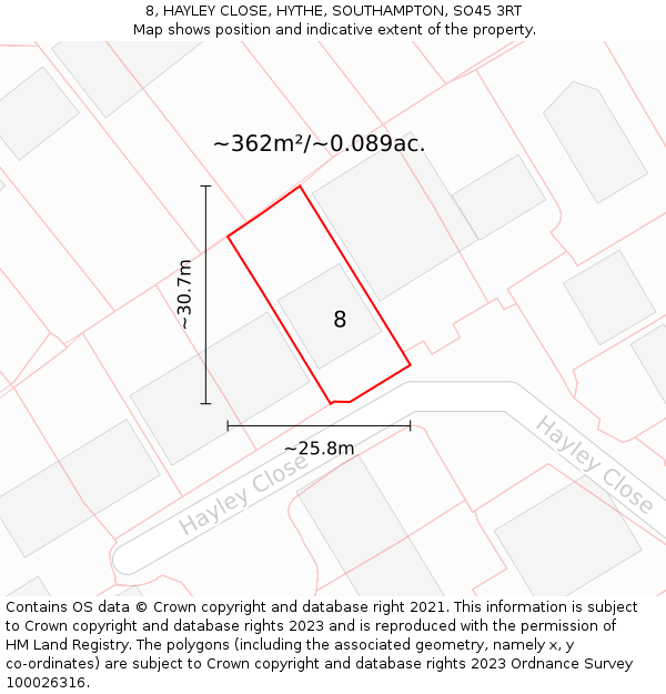 8, HAYLEY CLOSE, HYTHE, SOUTHAMPTON, SO45 3RT: Plot and title map