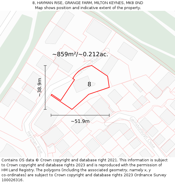 8, HAYMAN RISE, GRANGE FARM, MILTON KEYNES, MK8 0ND: Plot and title map