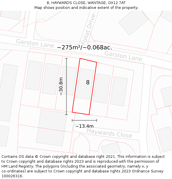 8, HAYWARDS CLOSE, WANTAGE, OX12 7AT: Plot and title map