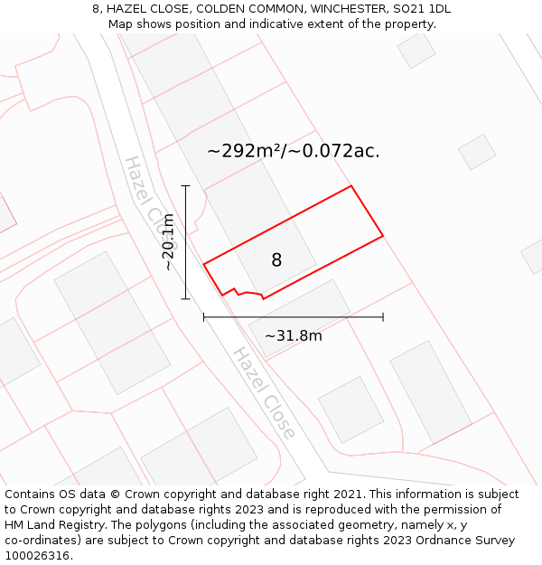 8, HAZEL CLOSE, COLDEN COMMON, WINCHESTER, SO21 1DL: Plot and title map