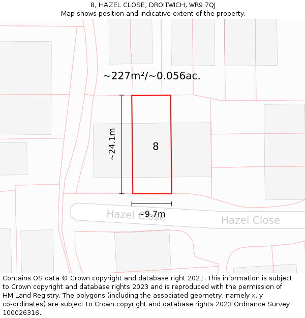 8, HAZEL CLOSE, DROITWICH, WR9 7QJ: Plot and title map