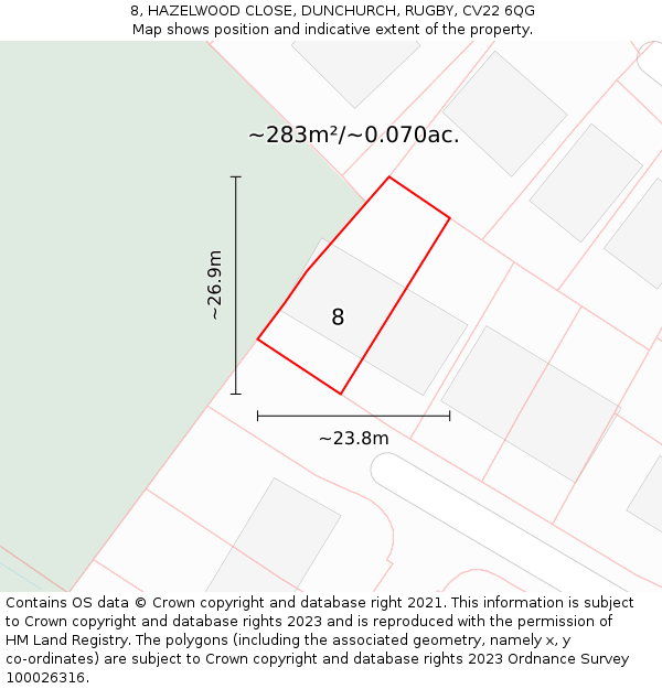 8, HAZELWOOD CLOSE, DUNCHURCH, RUGBY, CV22 6QG: Plot and title map