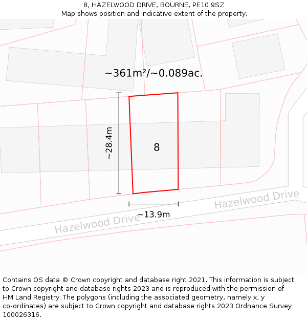 8, HAZELWOOD DRIVE, BOURNE, PE10 9SZ: Plot and title map