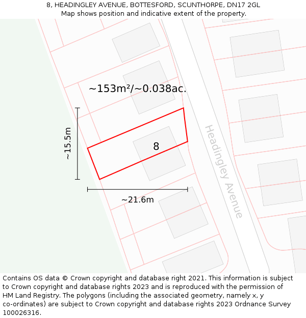 8, HEADINGLEY AVENUE, BOTTESFORD, SCUNTHORPE, DN17 2GL: Plot and title map