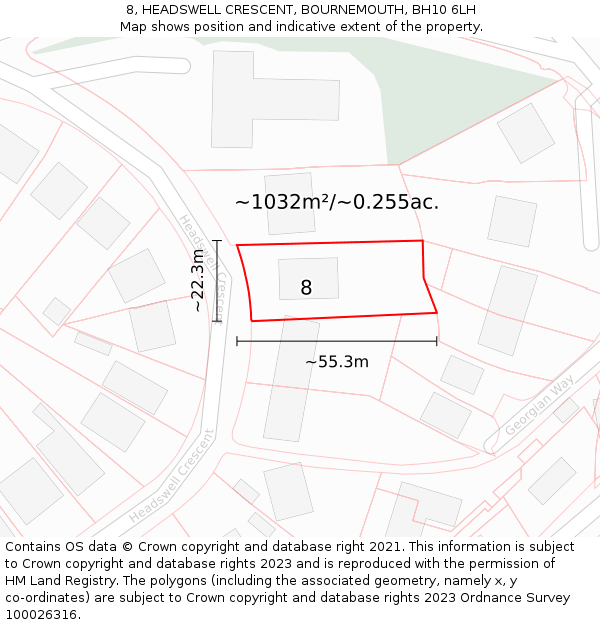 8, HEADSWELL CRESCENT, BOURNEMOUTH, BH10 6LH: Plot and title map