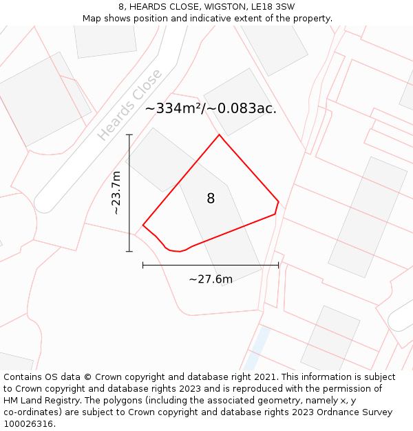 8, HEARDS CLOSE, WIGSTON, LE18 3SW: Plot and title map