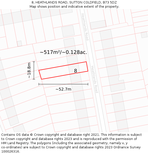 8, HEATHLANDS ROAD, SUTTON COLDFIELD, B73 5DZ: Plot and title map
