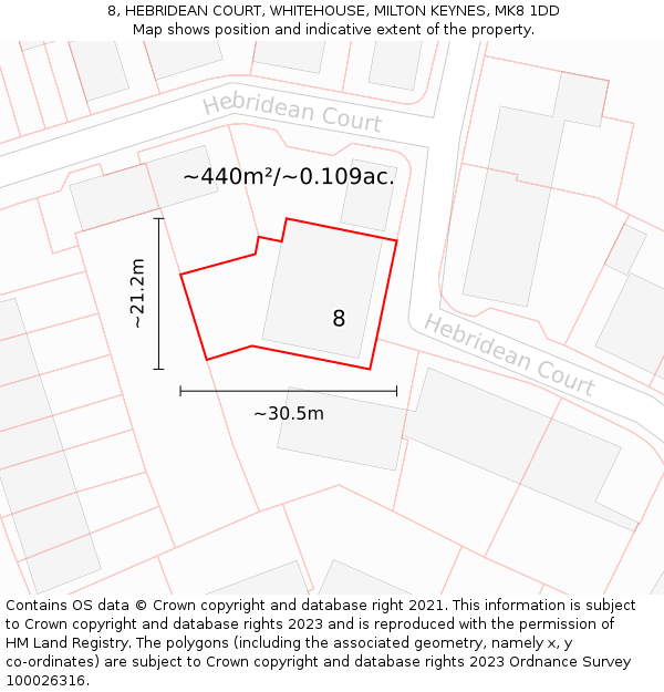 8, HEBRIDEAN COURT, WHITEHOUSE, MILTON KEYNES, MK8 1DD: Plot and title map