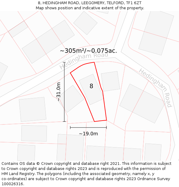 8, HEDINGHAM ROAD, LEEGOMERY, TELFORD, TF1 6ZT: Plot and title map