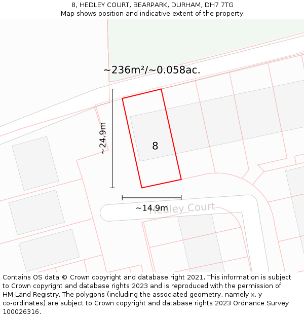 8, HEDLEY COURT, BEARPARK, DURHAM, DH7 7TG: Plot and title map