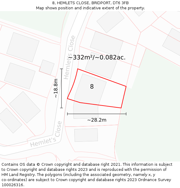 8, HEMLETS CLOSE, BRIDPORT, DT6 3FB: Plot and title map