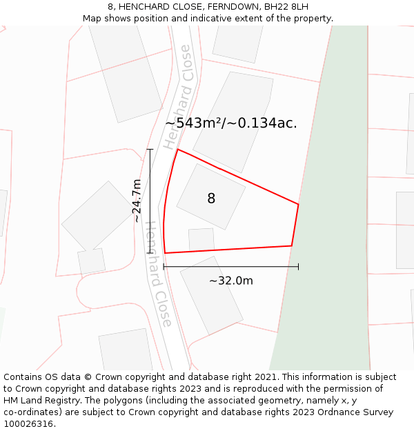 8, HENCHARD CLOSE, FERNDOWN, BH22 8LH: Plot and title map