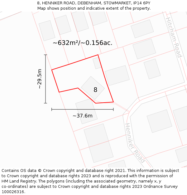 8, HENNIKER ROAD, DEBENHAM, STOWMARKET, IP14 6PY: Plot and title map