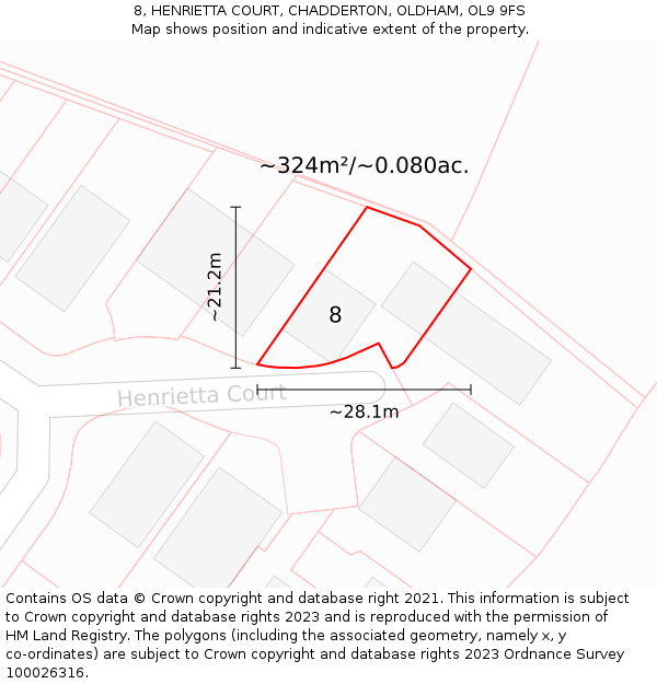 8, HENRIETTA COURT, CHADDERTON, OLDHAM, OL9 9FS: Plot and title map