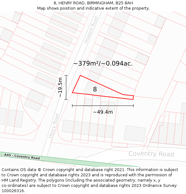 8, HENRY ROAD, BIRMINGHAM, B25 8AH: Plot and title map