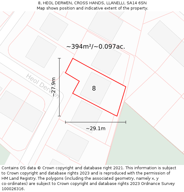 8, HEOL DERWEN, CROSS HANDS, LLANELLI, SA14 6SN: Plot and title map