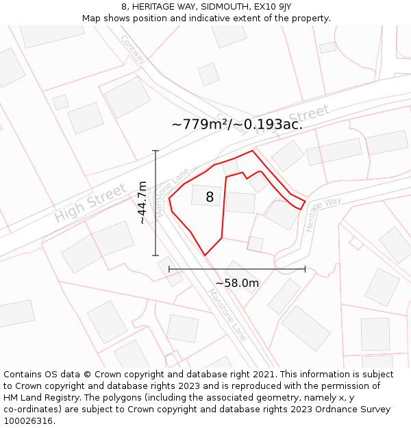 8, HERITAGE WAY, SIDMOUTH, EX10 9JY: Plot and title map