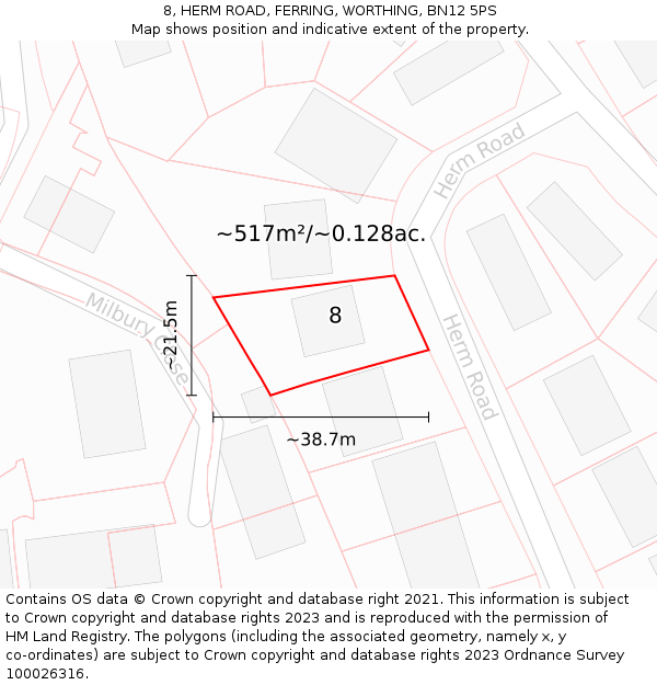 8, HERM ROAD, FERRING, WORTHING, BN12 5PS: Plot and title map