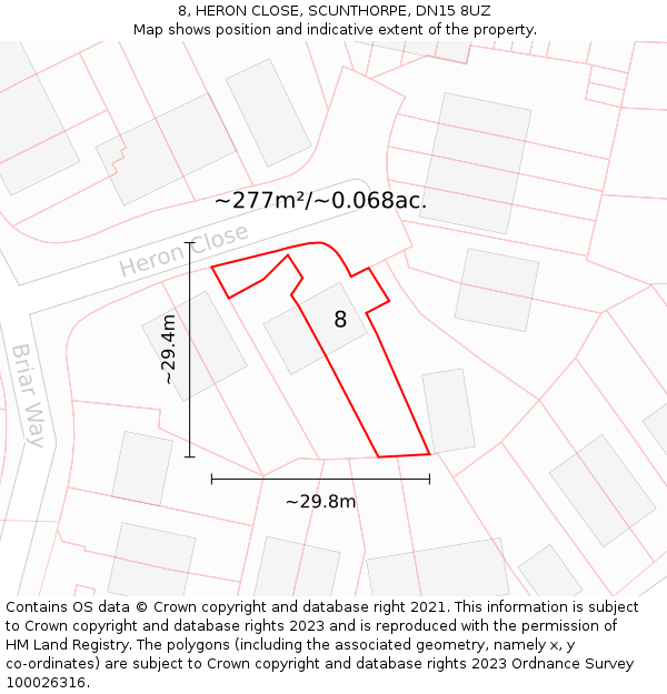 8, HERON CLOSE, SCUNTHORPE, DN15 8UZ: Plot and title map