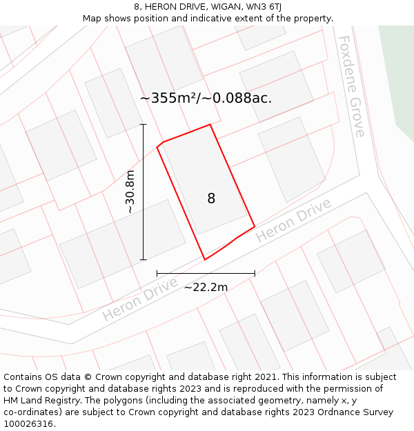 8, HERON DRIVE, WIGAN, WN3 6TJ: Plot and title map