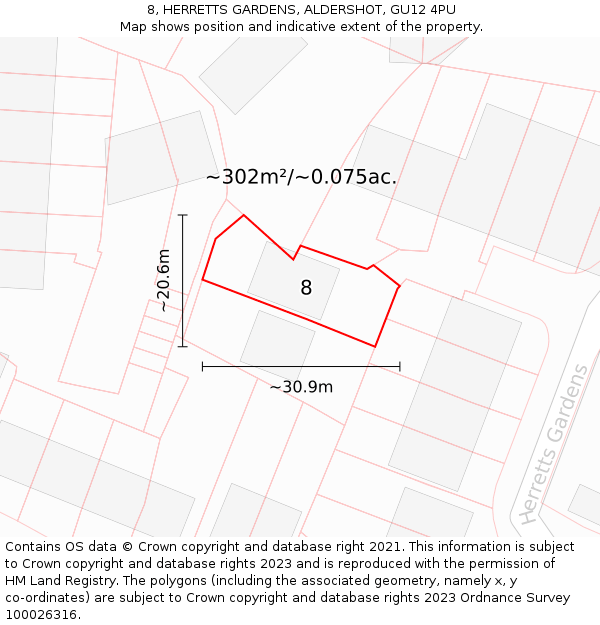 8, HERRETTS GARDENS, ALDERSHOT, GU12 4PU: Plot and title map