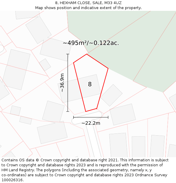 8, HEXHAM CLOSE, SALE, M33 4UZ: Plot and title map