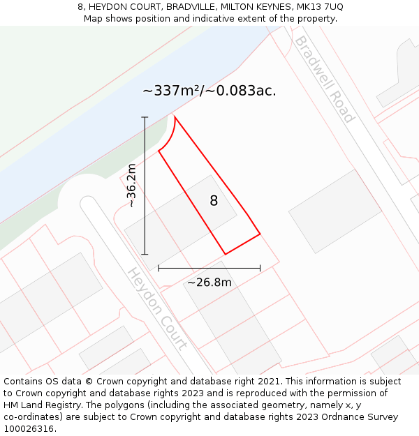 8, HEYDON COURT, BRADVILLE, MILTON KEYNES, MK13 7UQ: Plot and title map