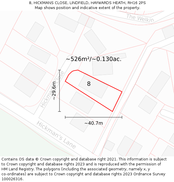 8, HICKMANS CLOSE, LINDFIELD, HAYWARDS HEATH, RH16 2PS: Plot and title map