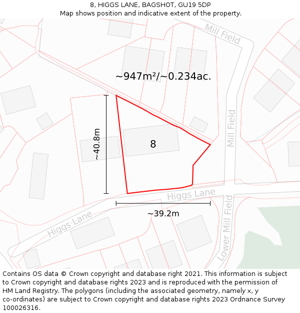 8, HIGGS LANE, BAGSHOT, GU19 5DP: Plot and title map