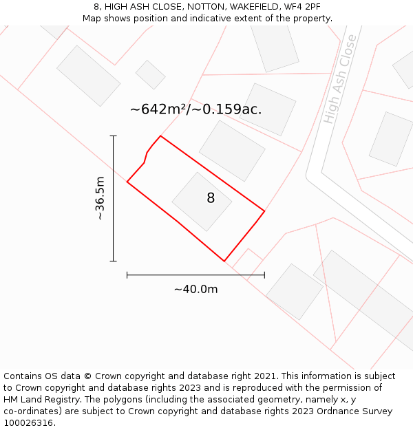 8, HIGH ASH CLOSE, NOTTON, WAKEFIELD, WF4 2PF: Plot and title map