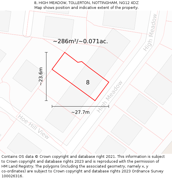 8, HIGH MEADOW, TOLLERTON, NOTTINGHAM, NG12 4DZ: Plot and title map