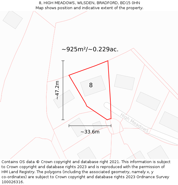 8, HIGH MEADOWS, WILSDEN, BRADFORD, BD15 0HN: Plot and title map