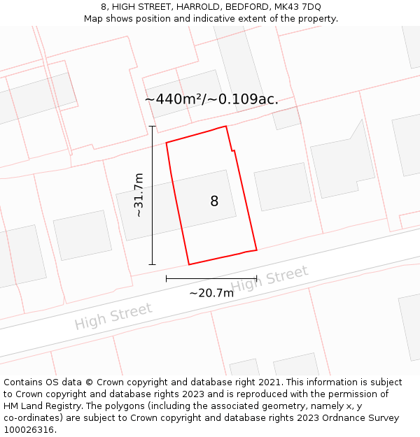 8, HIGH STREET, HARROLD, BEDFORD, MK43 7DQ: Plot and title map