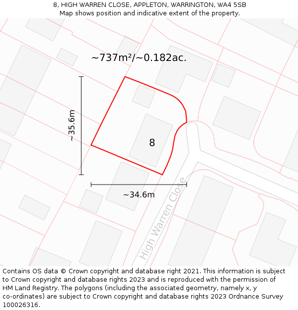 8, HIGH WARREN CLOSE, APPLETON, WARRINGTON, WA4 5SB: Plot and title map