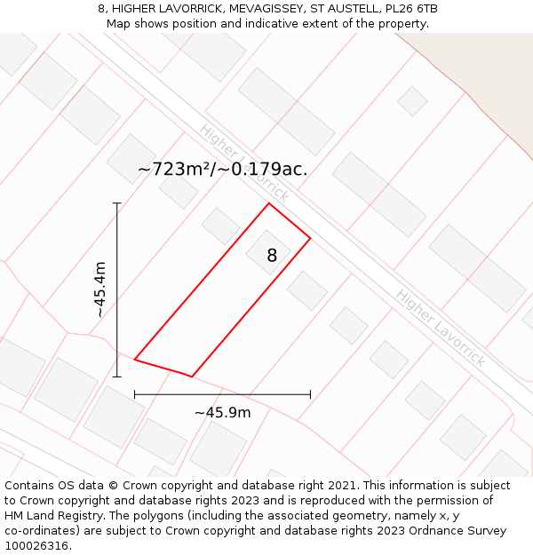 8, HIGHER LAVORRICK, MEVAGISSEY, ST AUSTELL, PL26 6TB: Plot and title map