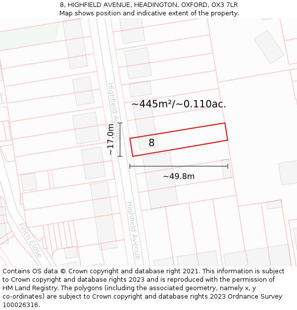 8, HIGHFIELD AVENUE, HEADINGTON, OXFORD, OX3 7LR: Plot and title map