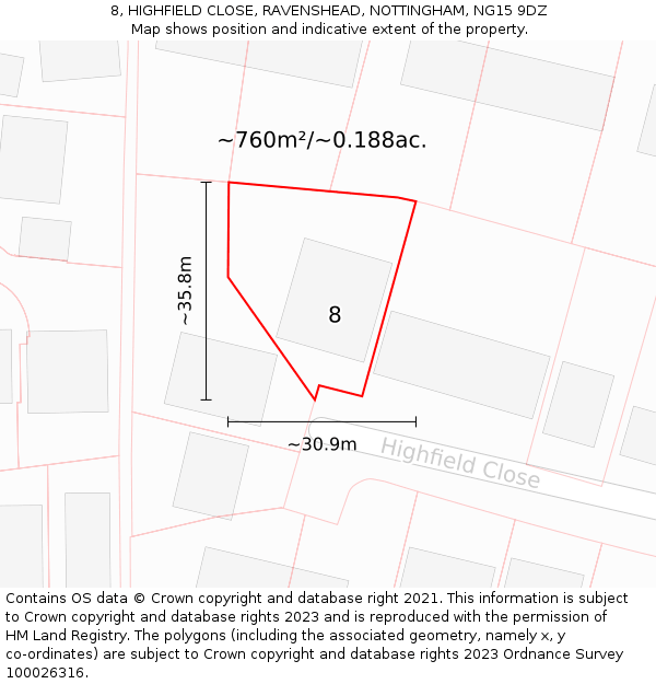 8, HIGHFIELD CLOSE, RAVENSHEAD, NOTTINGHAM, NG15 9DZ: Plot and title map
