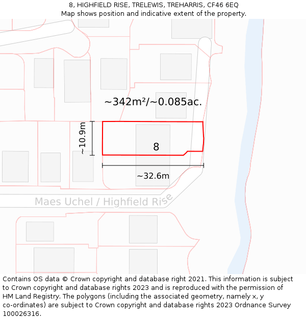 8, HIGHFIELD RISE, TRELEWIS, TREHARRIS, CF46 6EQ: Plot and title map