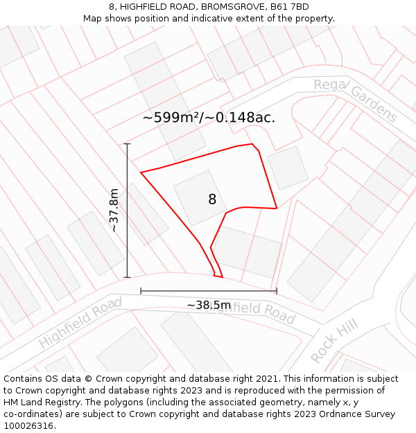8, HIGHFIELD ROAD, BROMSGROVE, B61 7BD: Plot and title map