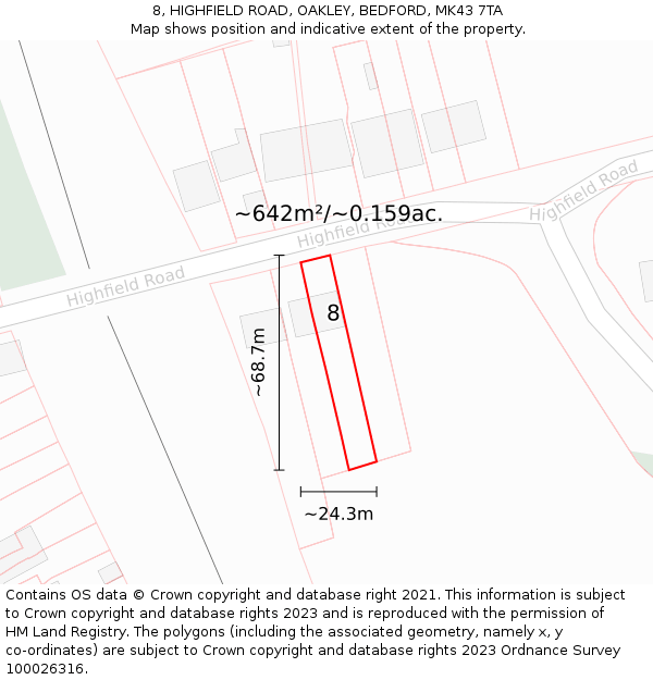 8, HIGHFIELD ROAD, OAKLEY, BEDFORD, MK43 7TA: Plot and title map