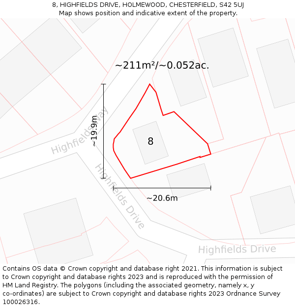 8, HIGHFIELDS DRIVE, HOLMEWOOD, CHESTERFIELD, S42 5UJ: Plot and title map