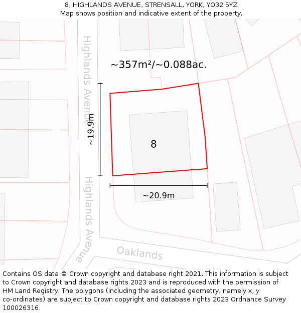 8, HIGHLANDS AVENUE, STRENSALL, YORK, YO32 5YZ: Plot and title map