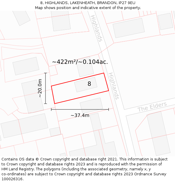 8, HIGHLANDS, LAKENHEATH, BRANDON, IP27 9EU: Plot and title map