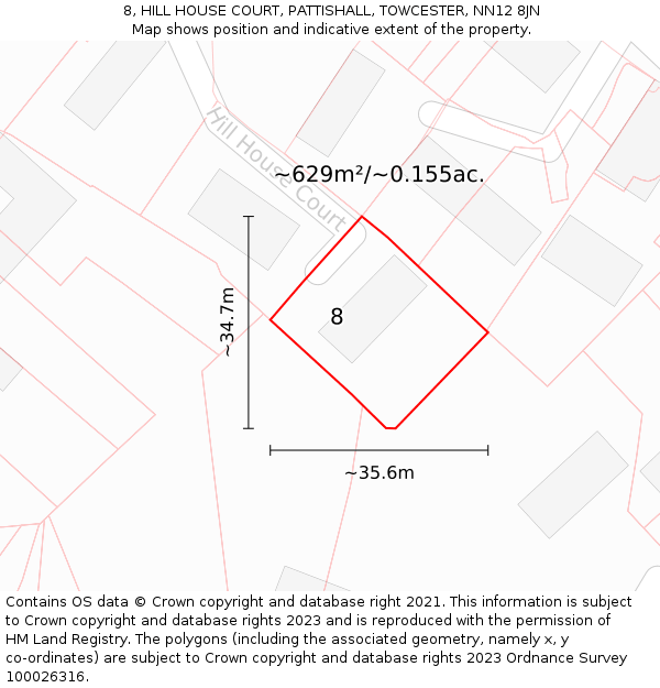 8, HILL HOUSE COURT, PATTISHALL, TOWCESTER, NN12 8JN: Plot and title map